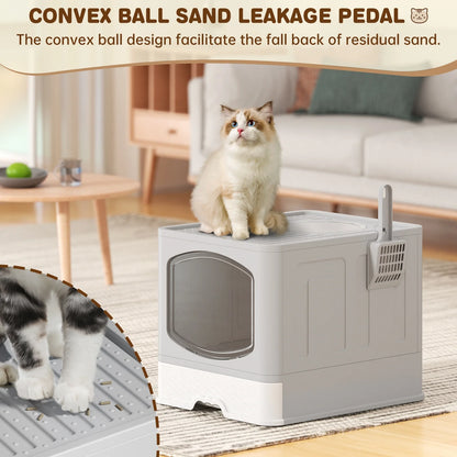 Large Foldable Cat Litter Box with Scoop, Front Entry Top Exit Cat Litter Pan with Lid, Enclosed Anti-Splashing Kitty Litter Box, Drawer Type Cat Litter Easy Cleaning and Scoop, Blue